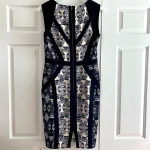 BCBGMaxAzria shift dress in cream, black, navy print.